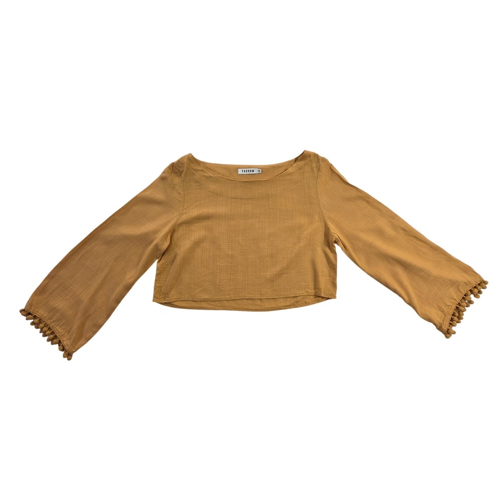 Farrow Linen Blend Pom Pom Trim Crop Top Mustard Yellow Womens Medium Excellent